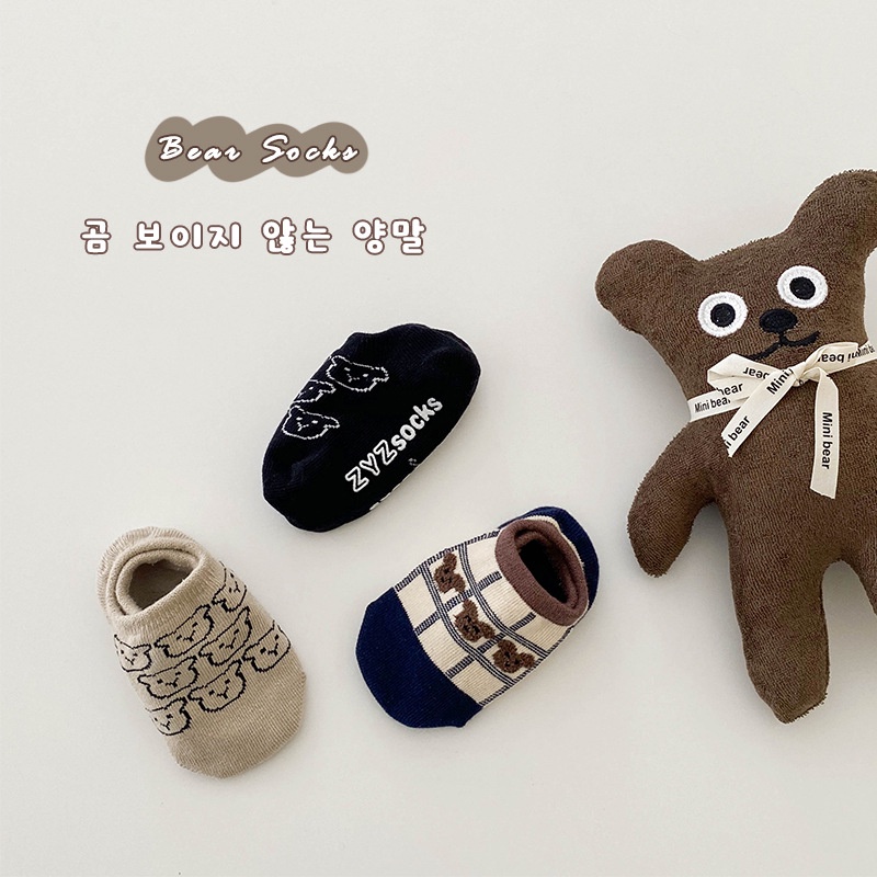 Set 3 đôi vớ cotton mỏng KOKOROCARE sọc ca rô in hình gấu dễ thương cho bé s/m/l 1-8 tuổi