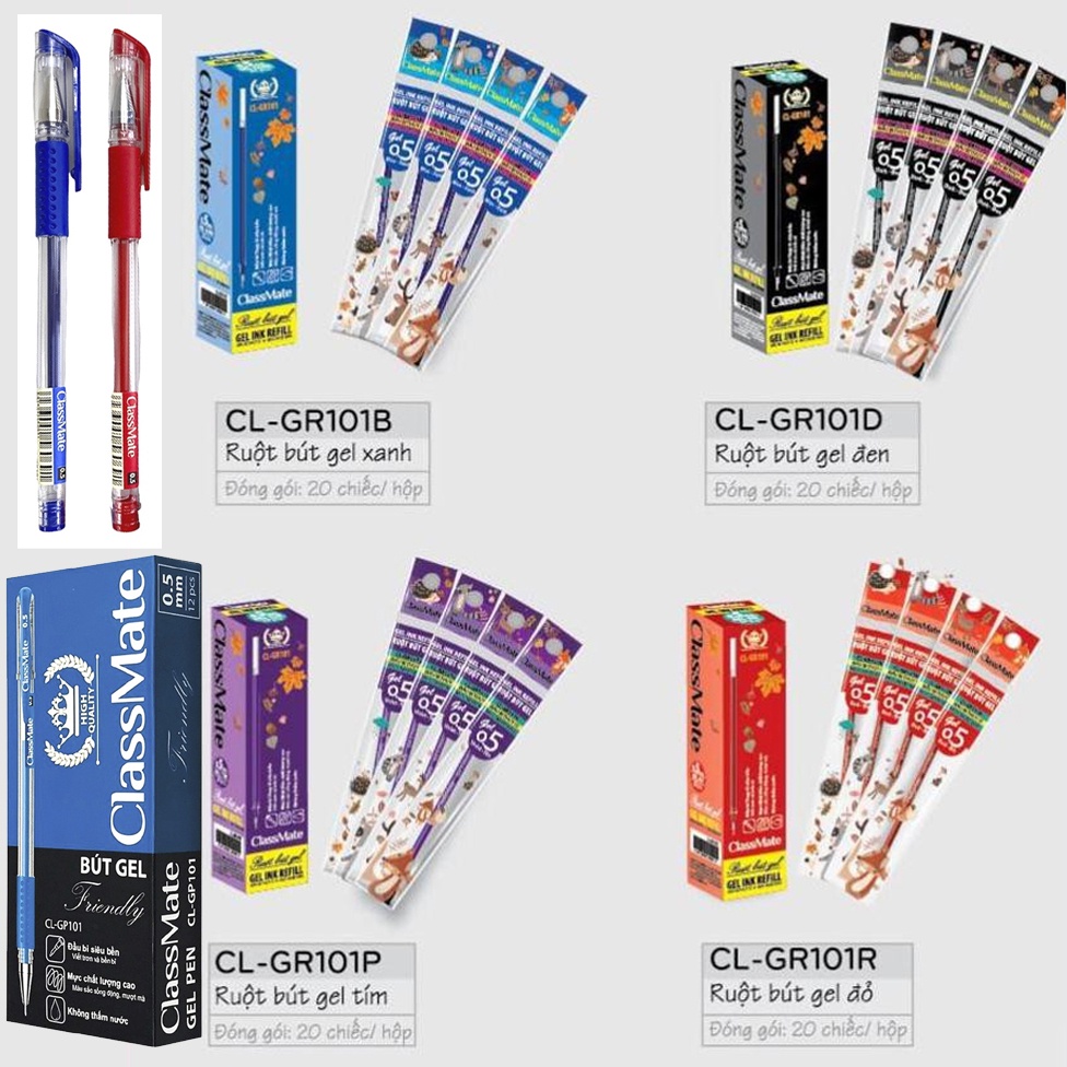Combo 2 Hộp 12 Bút Bi Nước Class Mate CLGP101 Và 20 Pcs Ruột Bút Gel Ngòi 0.5 Hải Hà GR101 Đầu Bi Thụy Sĩ Mực Nhật Bản