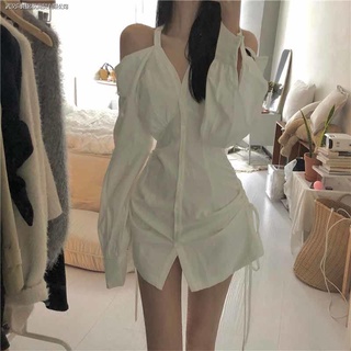 Đầm sơ mi trắng dài tay cổ chữ v trễ vai eo rút dây thời trang cho nữ