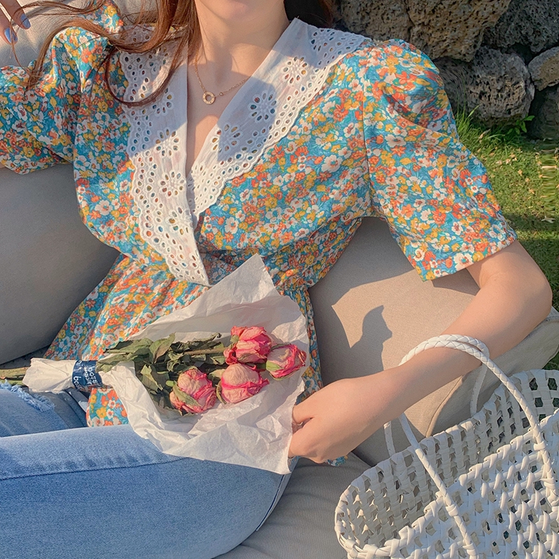 SUXI Áo kiểu cổ chữ V họa tiết hoa xinh xắn thời trang phong cách Pháp cho nữ