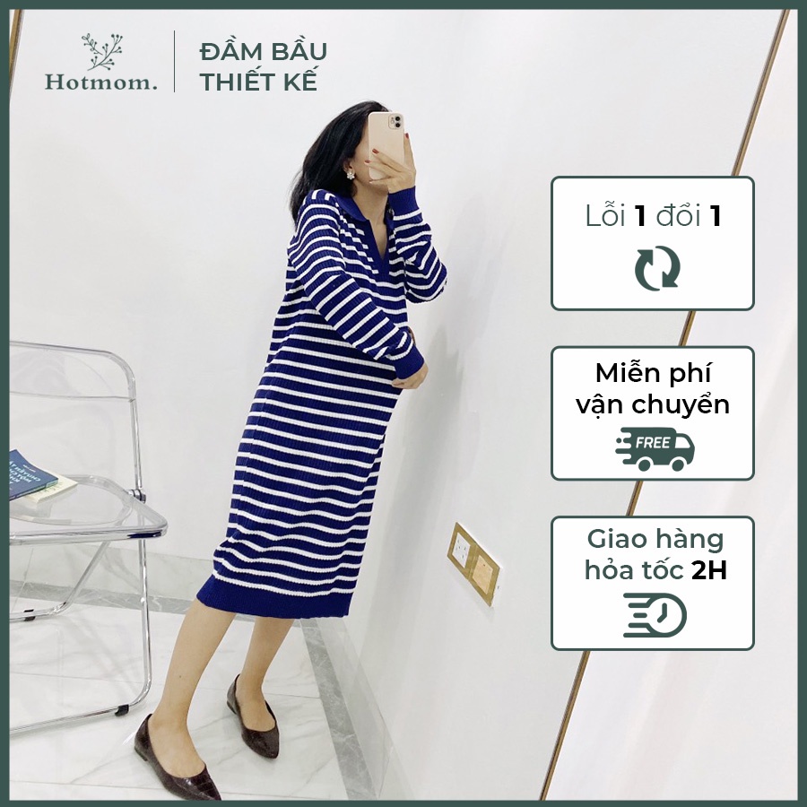 (HÀNG MỚI) Váy len kẻ suông cổ bẻ dáng dài váy đầm bầu thiết kế dáng sành điệu đẹp Hotmom