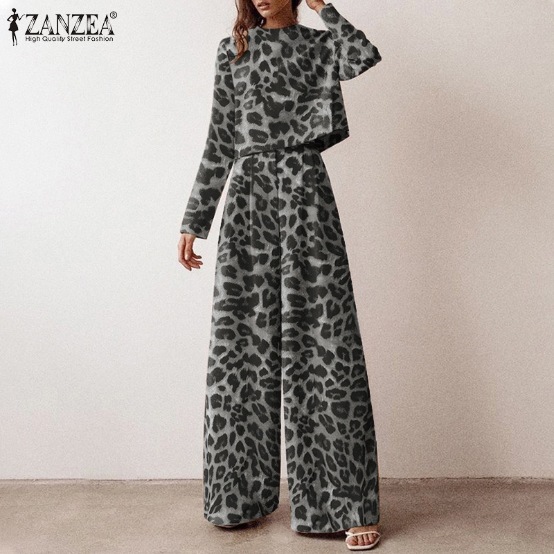 Bộ đồ ZANZEA in họa tiết da báo gồm áo croptop dài tay và quần dài ống rộng