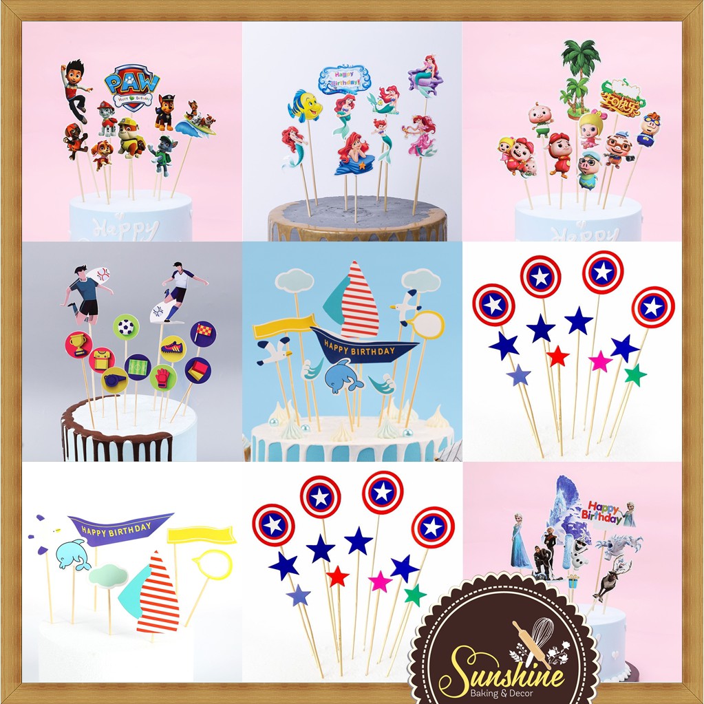 Hình Cắm Giấy Siêu Nhân Elsa Chó Cứu Hộ Trang trí Bánh Kem Bánh Sinh Nhật Nhiều Mẫu