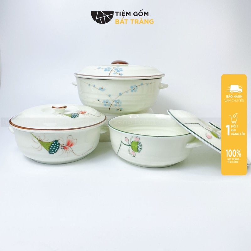 Âu Cơm Thố Sứ Có Nắp Đựng Cơm Men Kem Hoạ Tiết Vẽ Tay Gốm Sứ Bát Tràng Cao Cấp 2 Size