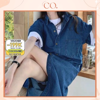 Váy sơ mi jean nữ dáng dài cộc tay, đầm sơ mi nữ form rộng phong cách ulzzang A18