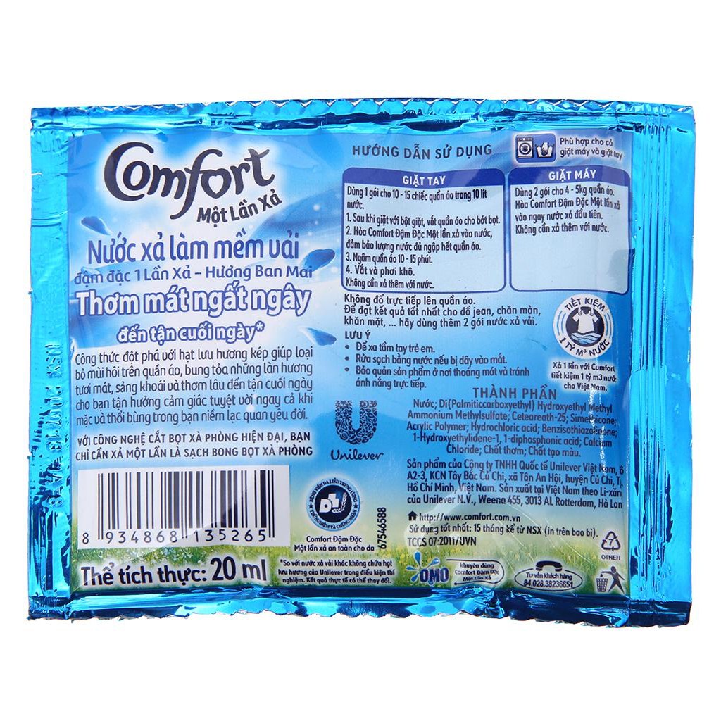 Combo 3 dây nước xả vải Comfort 1 lần xả hương Ban Mai gói 20ml - dây 10 gói - nước xả quần áo thơm lâu