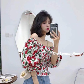 Áo kiểu tay ngắn phồng cổ vuông họa tiết hoa xinh xắn thời trang cho nữ