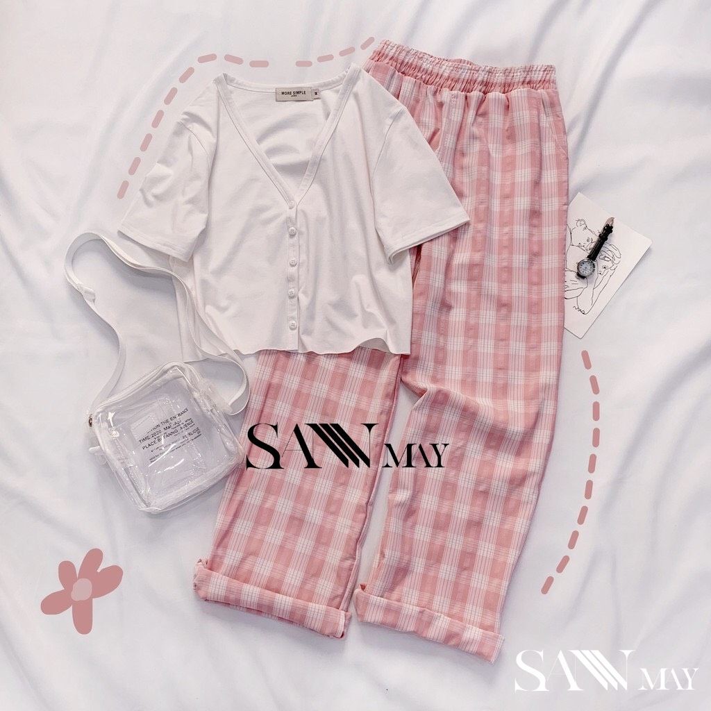 Quần Kẻ Sọc Caro Kẻ Nữ Ống Rộng Lưng Cao Quần Baggy Unisex Dáng Suông Form Dài Cạp Chun Đi Học Đẹp SANMAY QD003 | BigBuy360 - bigbuy360.vn