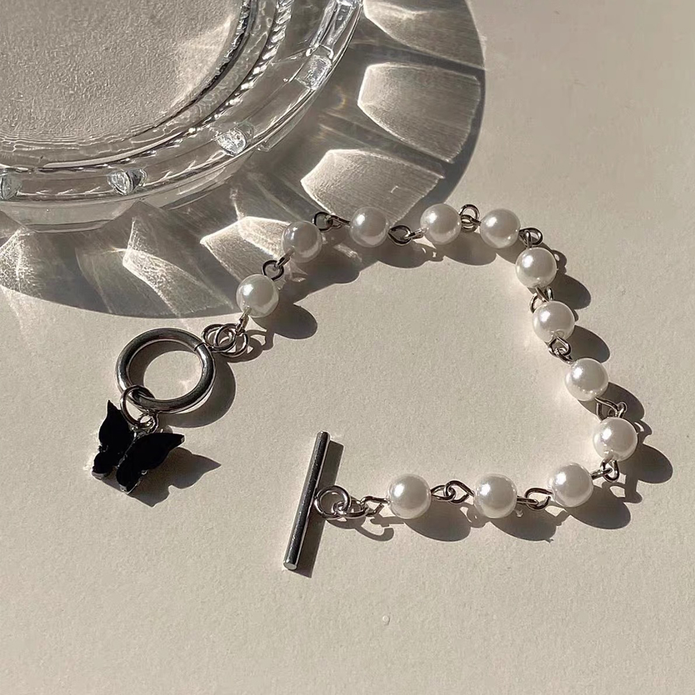 Vòng đeo tay chuỗi dây xích ngọc trai mặt bươm bướm phong cách Hàn Quốc thời trang