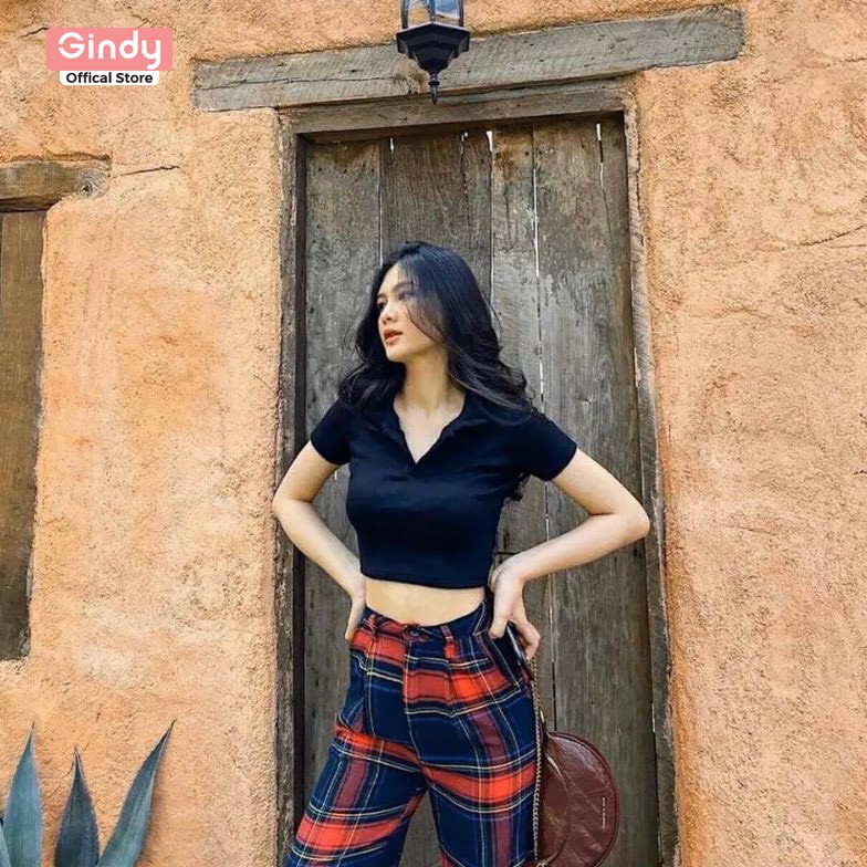 Áo phông nữ croptop GINDY cổ bẻ polo tay lỡ form rộng chất cotton thoáng mát A7001