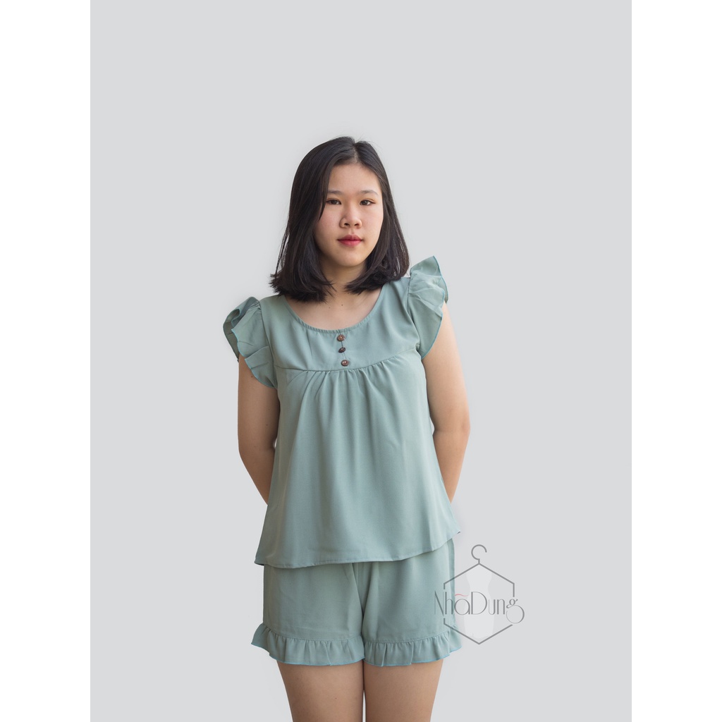 Đồ bộ nữ mặc nhà cánh tiên vải đũi không nhăn 3 nút Nhã Dung Store siêu mát mẻ kiểu dáng dễ thương dưới 65kg