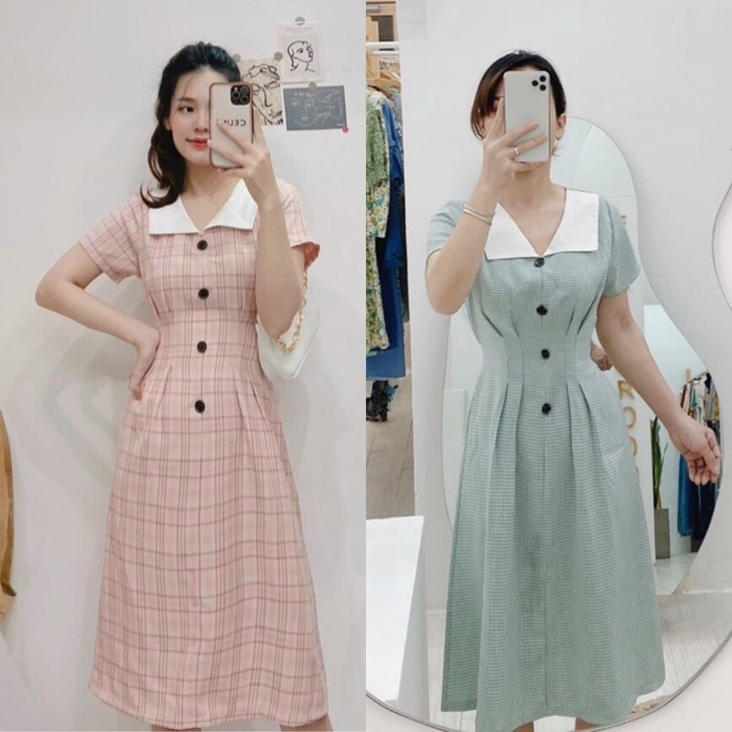 Đầm sọc caro công sở, Váy caro dự tiệc ôm eo dài Cao Cấp dáng xòe tay ngắn bâu trắng đính khuy, nữ tính quyến rũ MiNhi