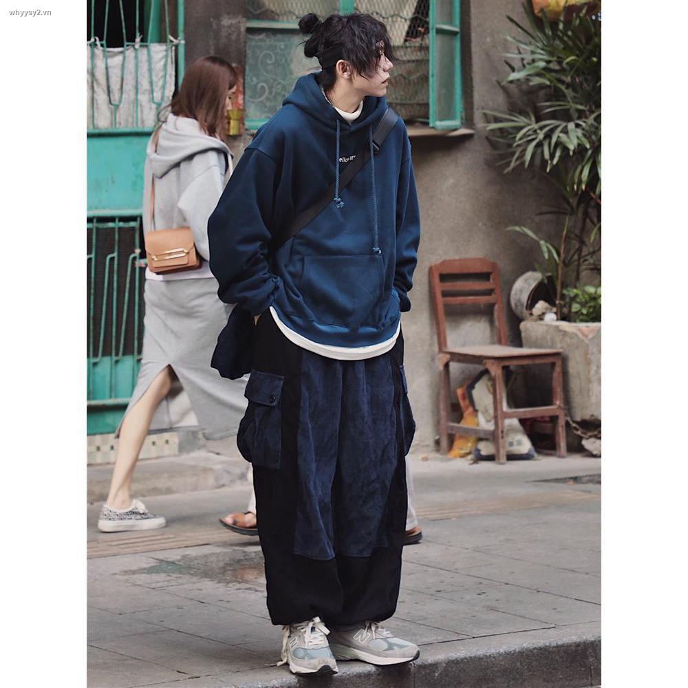 Quần dài ống rộng nhung tăm có túi lớn màu sắc nổi bật kiểu hip hop Nhật cổ điển cho nam và nữ