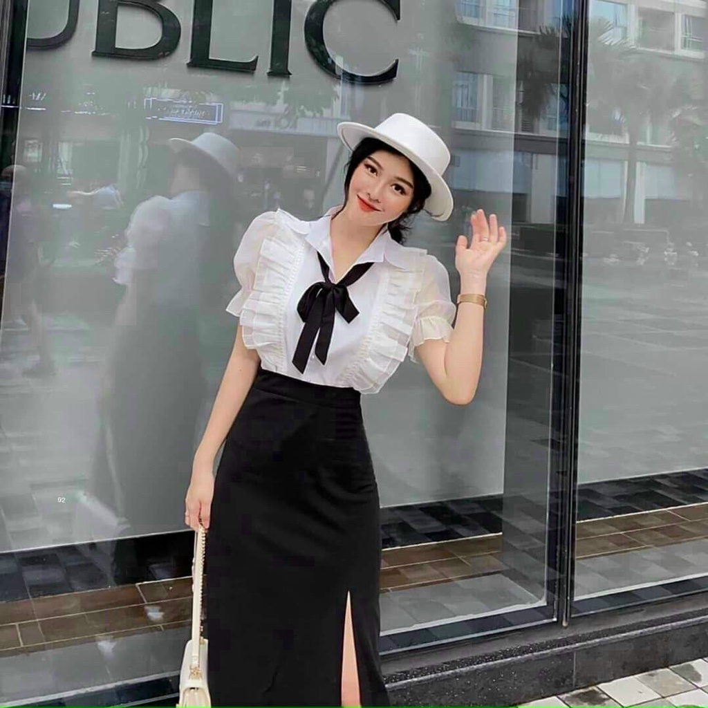 Sét Áó 2 Lớp Bèo Cài Nút Thật  Có Nơ,Cổ Sơ Mi Kèm Chân Váy Xẻ Tà Mẫu Như Hình Siêu Xinh Phù Hợp Mọi Phong Cách
