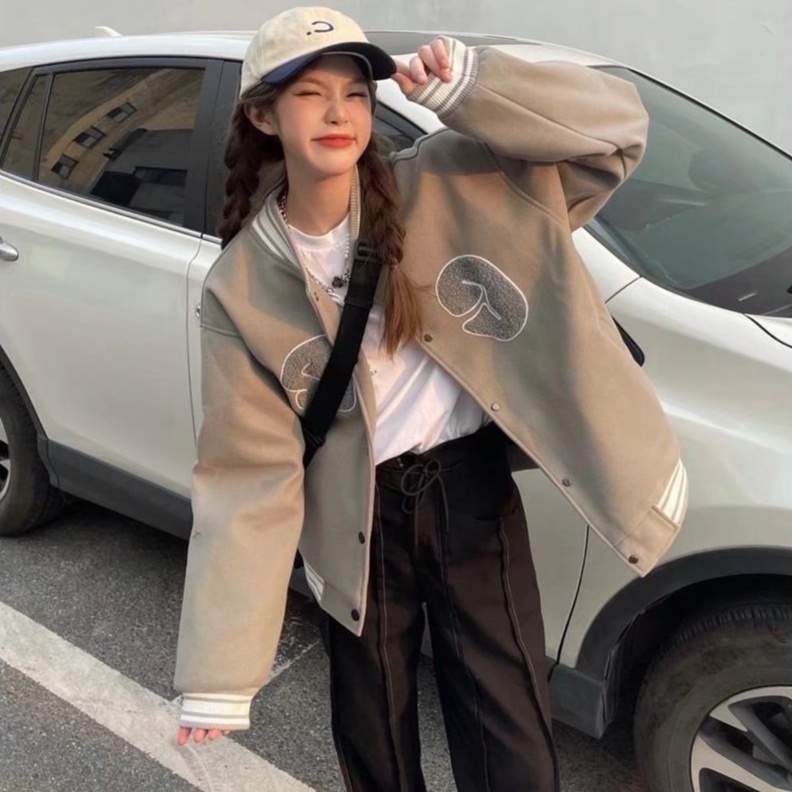 Áo khoác nữ bóng chày màu trơn thêu họa tiết vintage cho nam và khuôn viên phong cách Hàn Quốc Jacket Unisex khoác nỉbomber jackets