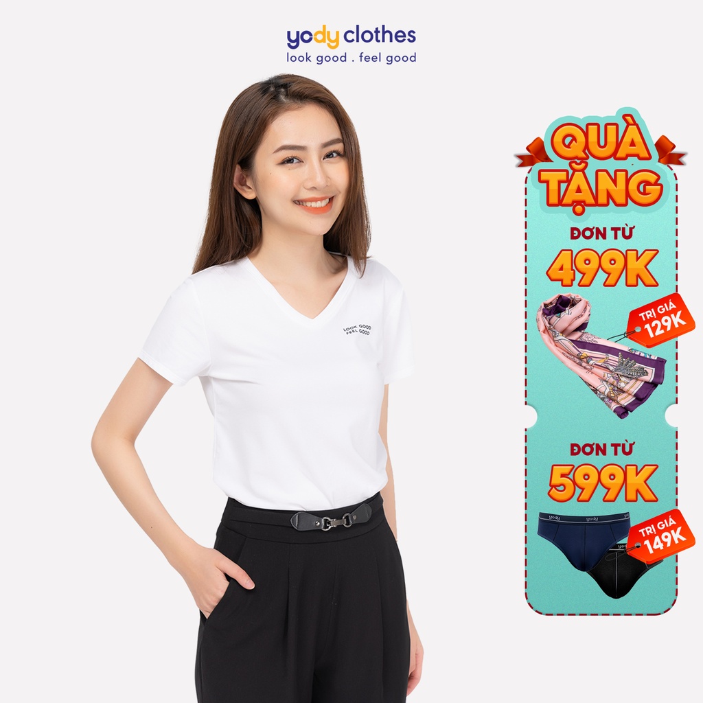 Áo phông nữ YODY cổ tim form rộng vải cotton thoáng mát PPN4138