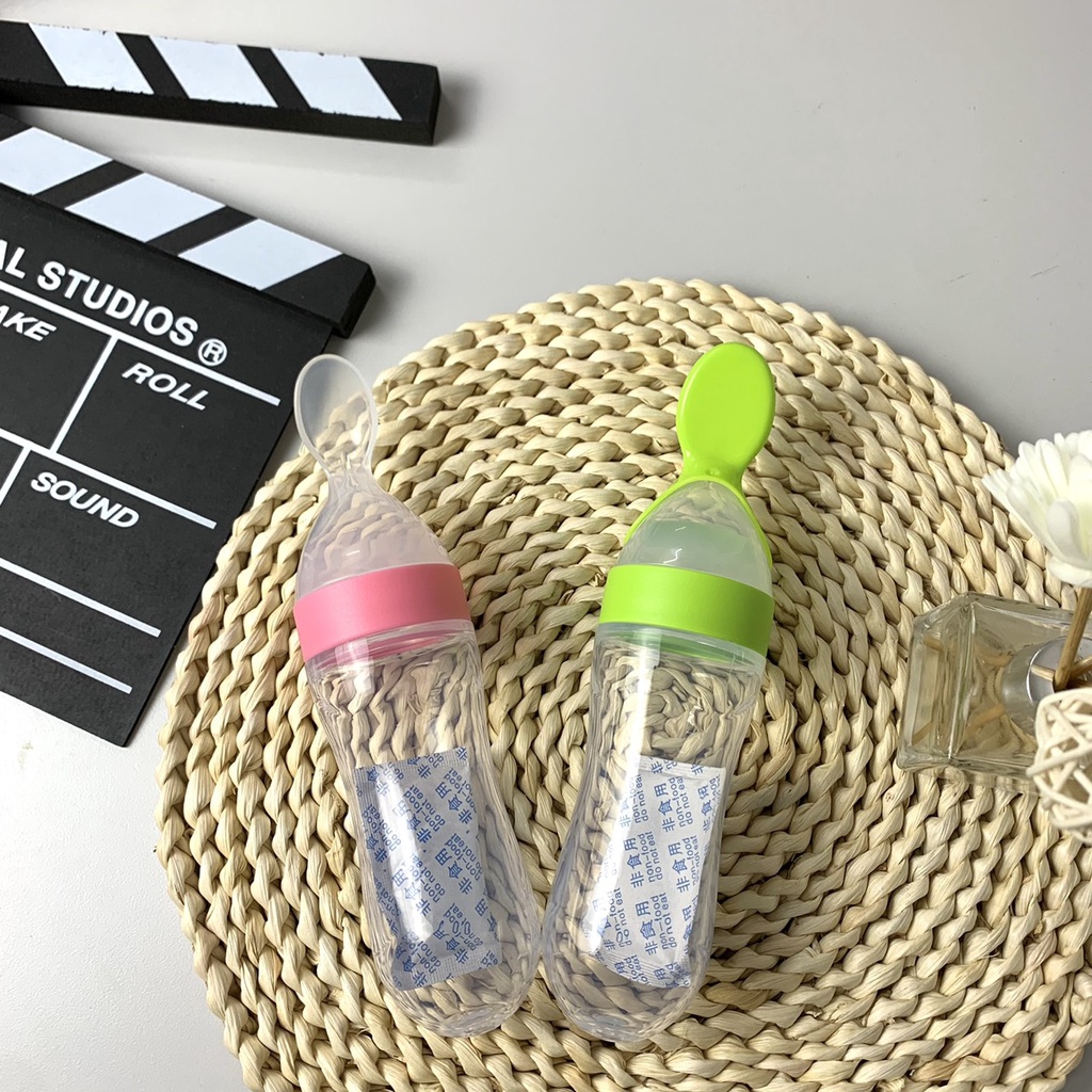 Bình thìa ăn dặm silicon, bình sữa kèm thìa chất liệu silicon đầu mềm, an toàn cho bé