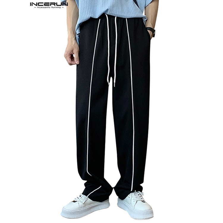 Quần dài thể thao INCERUN ống rộng họa tiết kẻ sọc phối dây rút phong cách cá tính dành cho nam