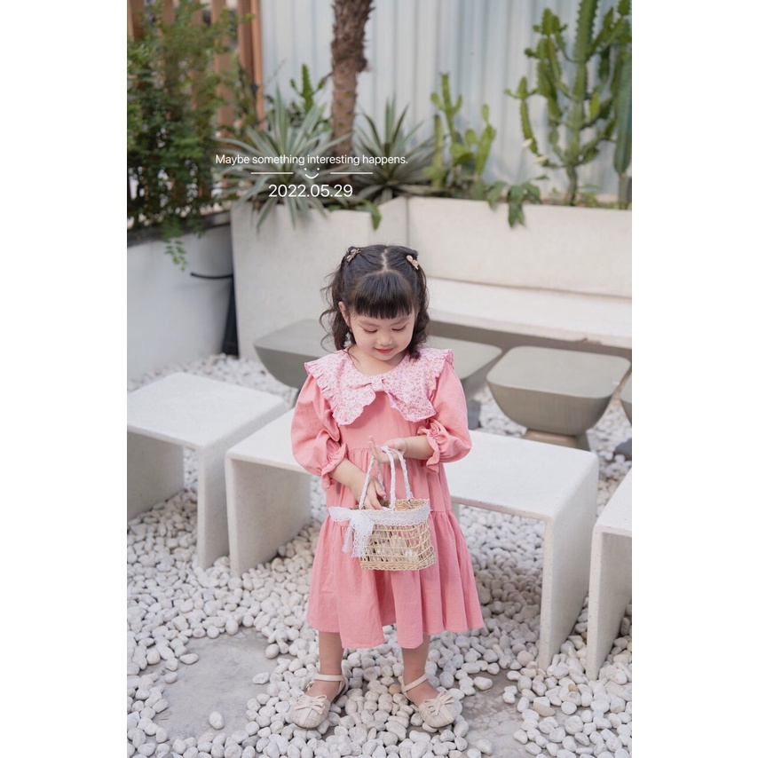 Váy thu dài tay chất thô mỏng màu trơn, cổ thắt nơ cho bé gái 1-5 tuổi