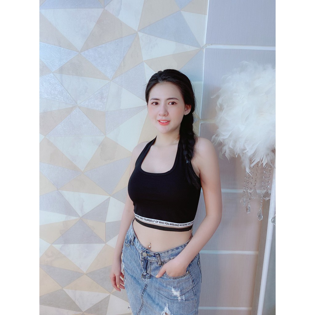 Áo yếm đeo cổ ôm body form croptop , kiểu phối thun chữ dưới cực xinh
