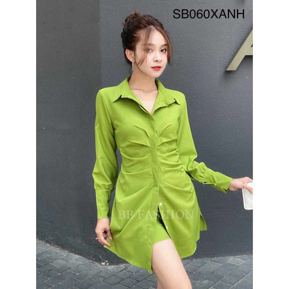 Set bộ sơmi xếp ly trước cao cấp, Áo sơmi dáng dài kèm quần trong chất lụa 100D mát mềm mịn SB060
