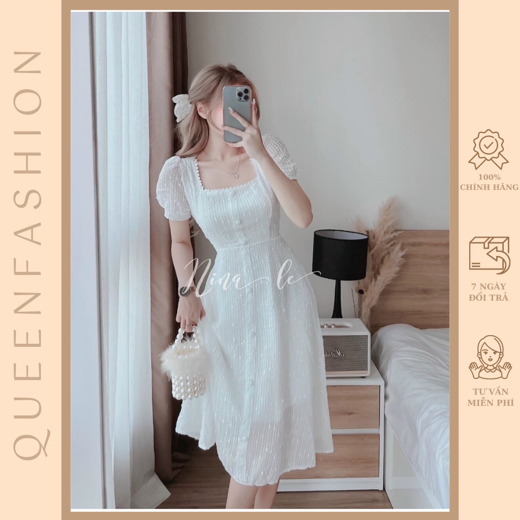 Đầm trắng cổ vuông siêu xinh
