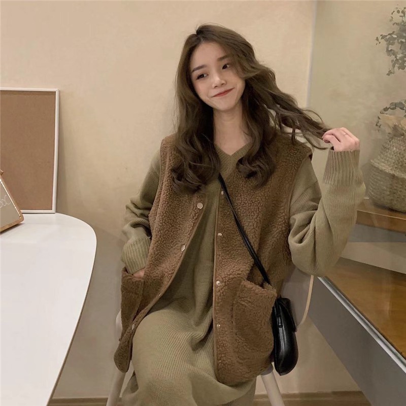 Áo Khoác Lông Cừu Không Tay Cổ Chữ V 12829