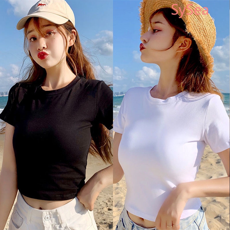 Áo croptop dáng ôm ngắn tay cổ tròn màu trơn trẻ trung đơn giản