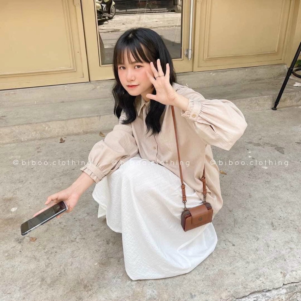 Áo sơ mi nữ dài tay form rộng thêu trái tim vải đũi 2 màu basic nội y xanh chất đẹp mầu trắng đen