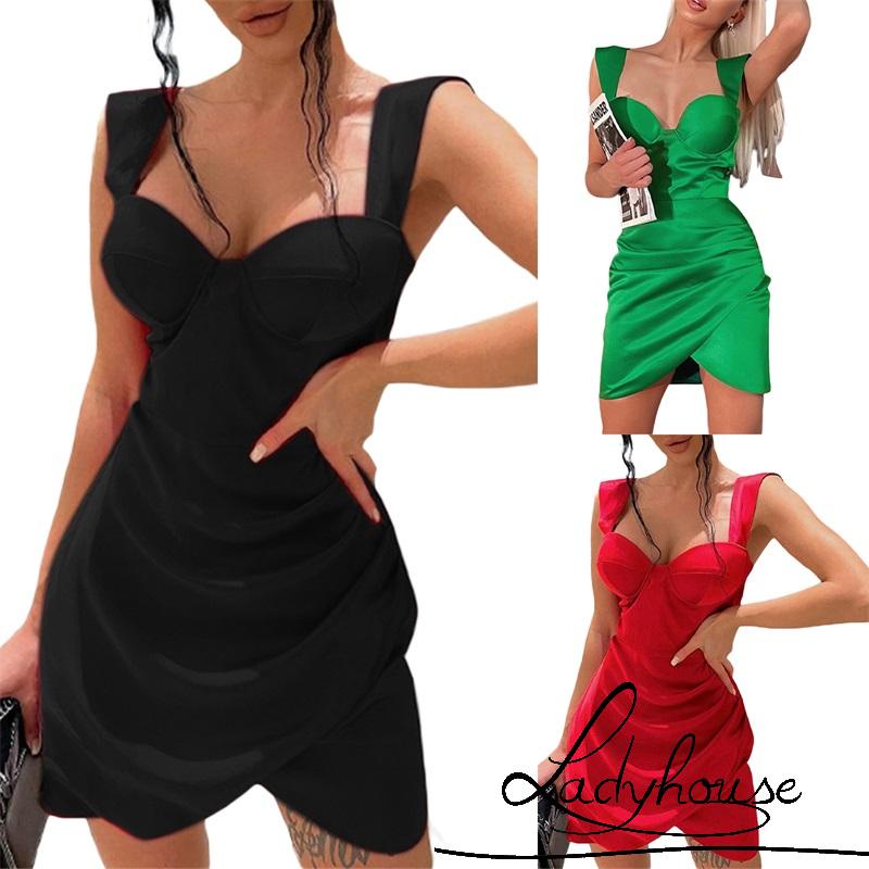 Đầm Ngắn Ôm Hông Không Tay Hở Lưng Màu Trơn Cho Nữ