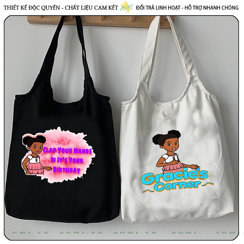 TOTE CANVAS phonics song gracie's corner FORM TRÒN TÚI VẢI ĐEO VAI BAG NÚT BẤM SIZE LỚN AOMIVN DU LỊCH DẠO PHỐ CÁ TÍNH