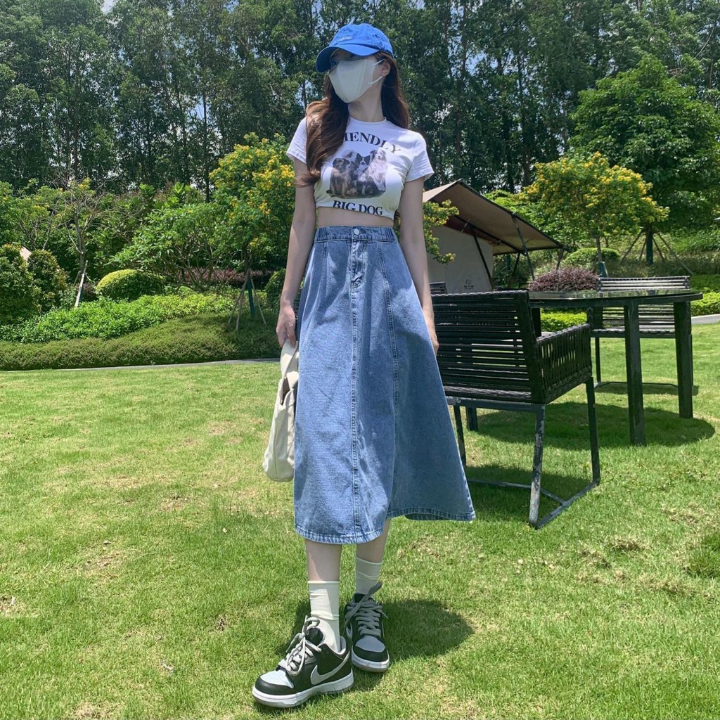 Váy dài denim cạp cao phối sọc dọc dáng chữ A phong cách trẻ trung