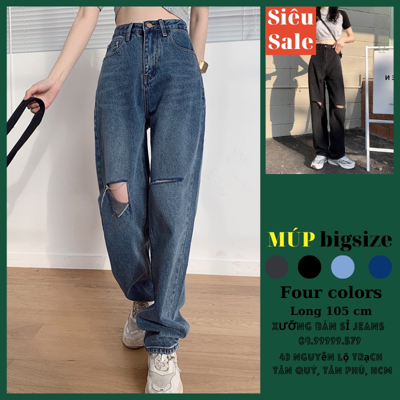 Quần Suông Dài Bigsize Nữ - Basic - Lưng Siêu Cao / Quần Jean Đậm Rách Vuông + 1Đ