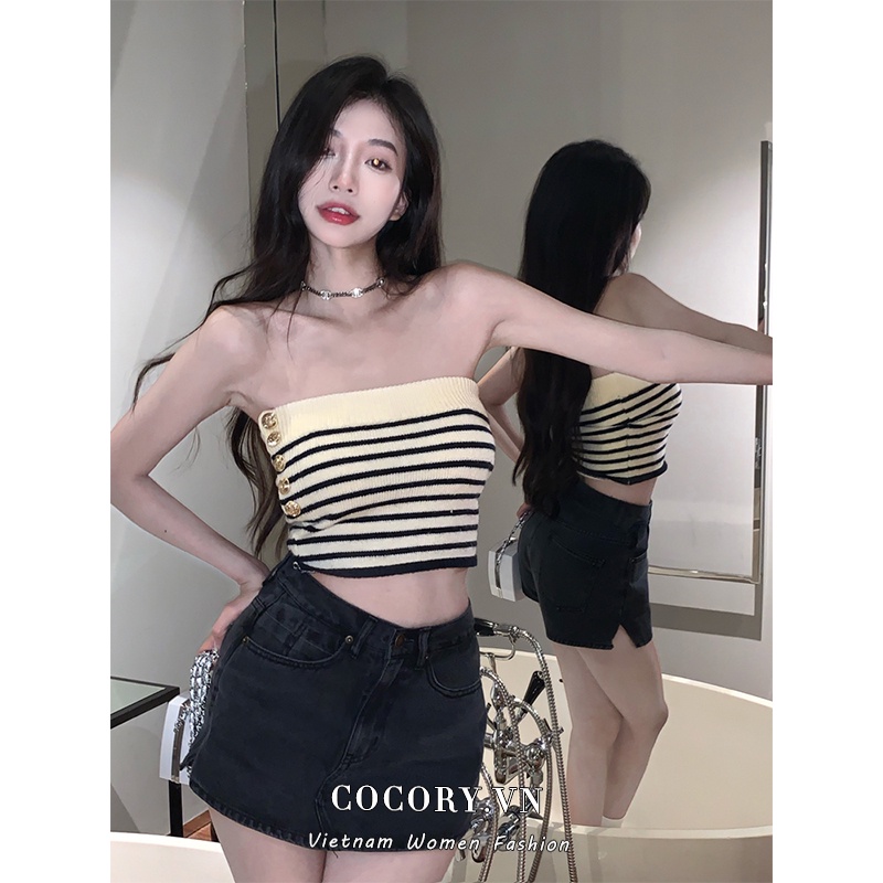 Cocory vn Áo Croptop Trễ Vai Hoạ Tiết Kẻ Sọc Phối Nút Thiết Kế Quyến Rũ