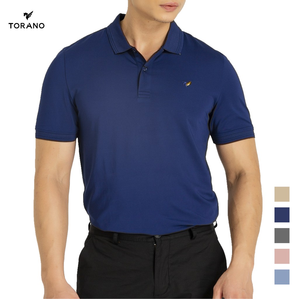 Áo polo nam TORANO cổ bẻ tay ngắn trơn xanh navy, bo gân thêu logo dáng áo ôm TP30172