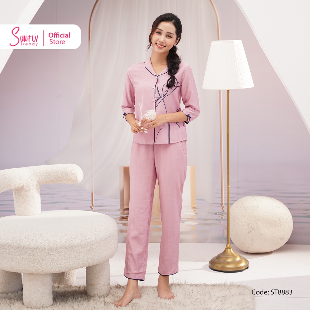 Bộ Đồ Mặc Nhà Nữ Pyjamas Linen SUNFLY Áo Tay Lỡ Quần Dài ST8883