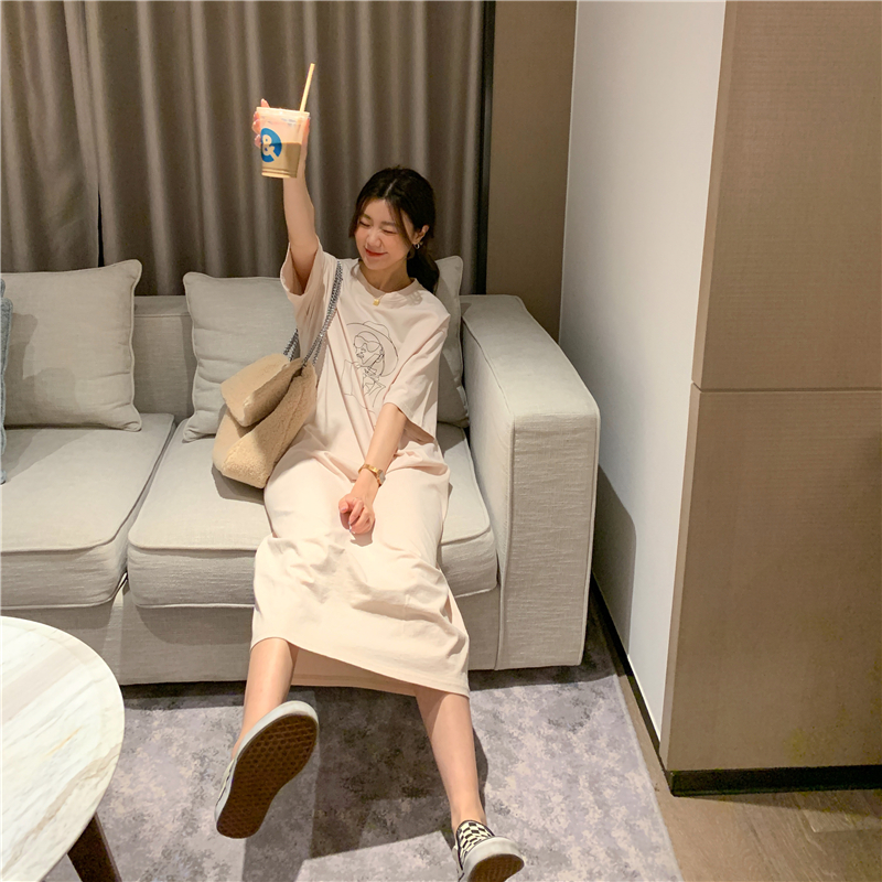 Đầm midi tay ngắn in họa tiết chân dung thời trang trẻ trung cho nữ