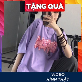 Áo thun tay lỡ nữ freesize phông form rộng Unisex, mặc cặp, nhóm, lớp màu tím chữ BỊ CHẢY