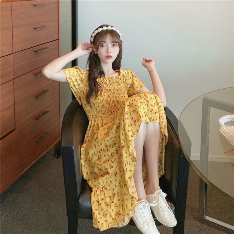 Đầm Midi Dài Dáng Chữ A Tay Ngắn Loe Cổ Vuông In Hoa Cài Nút Thời Trang Cho Nữ