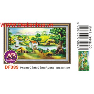 Tranh đính dá phong cảnh Sông Nước Ruộng Đồng. Kích thước: 90x57cm
