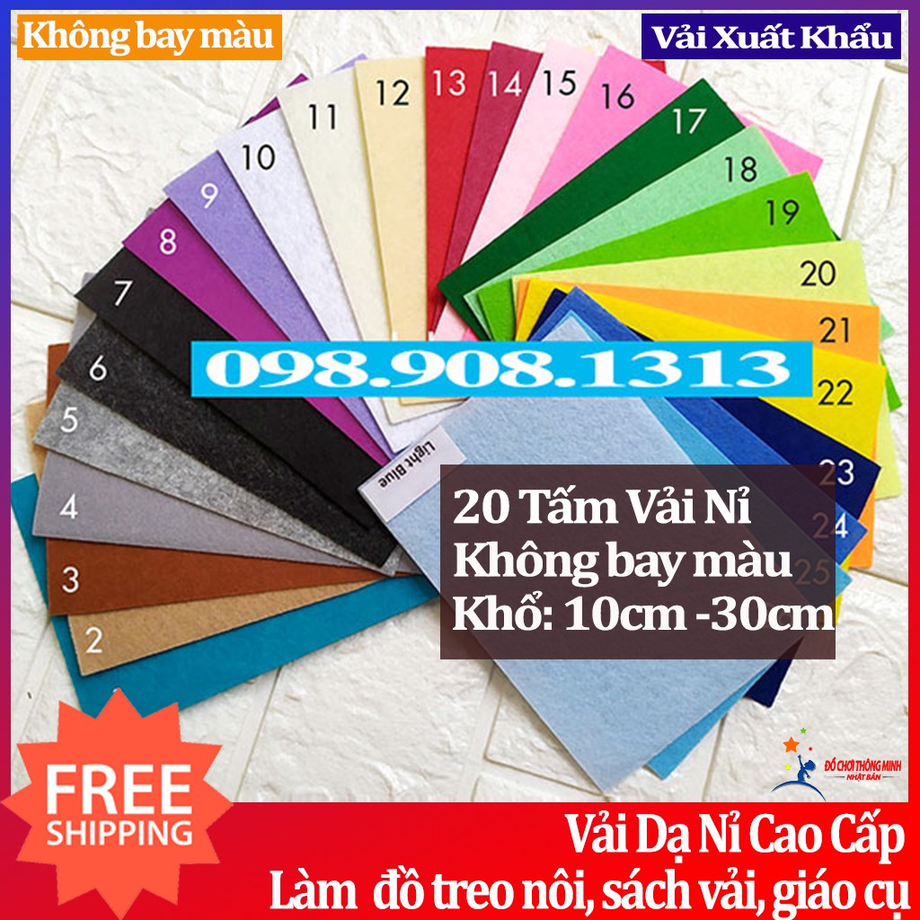 Set 20 vải dạ nỉ cứng xuất khẩu khổ 10cm, 15cm, 20cm, 30 cm may treo nôi, handmade 26 màu