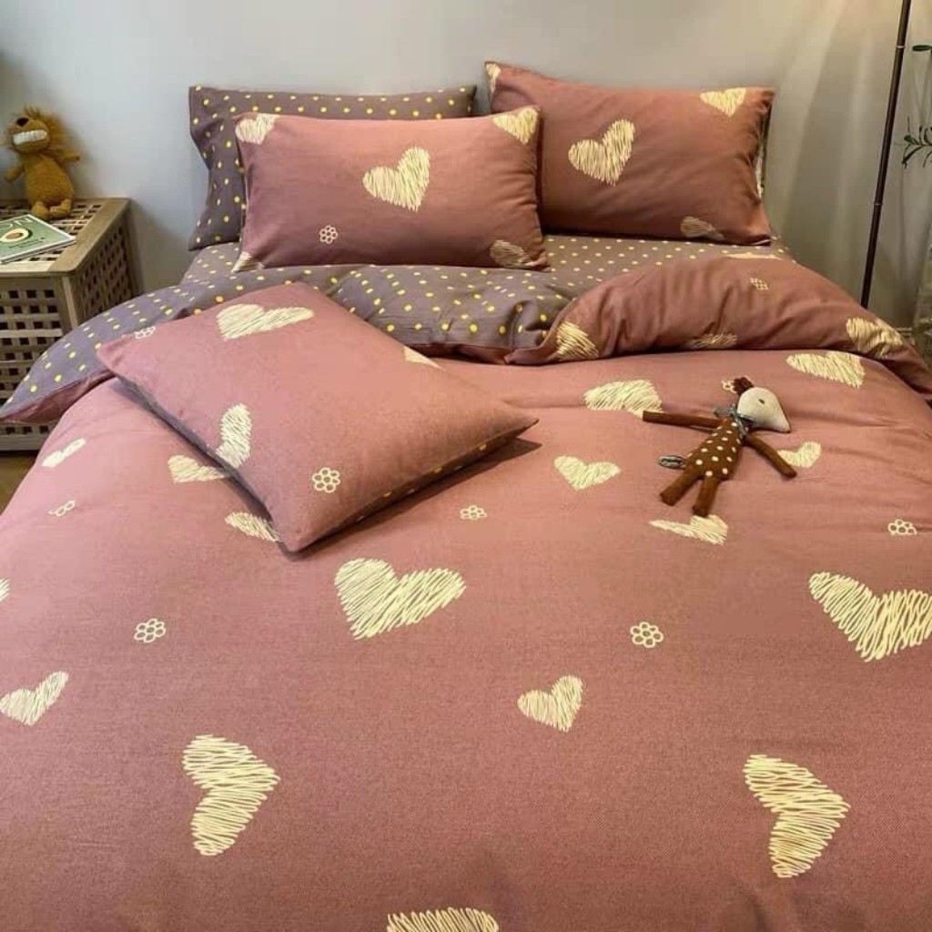 Bộ chăn ga gối , drap giường chất cotton poly họa tiết tim Sweet