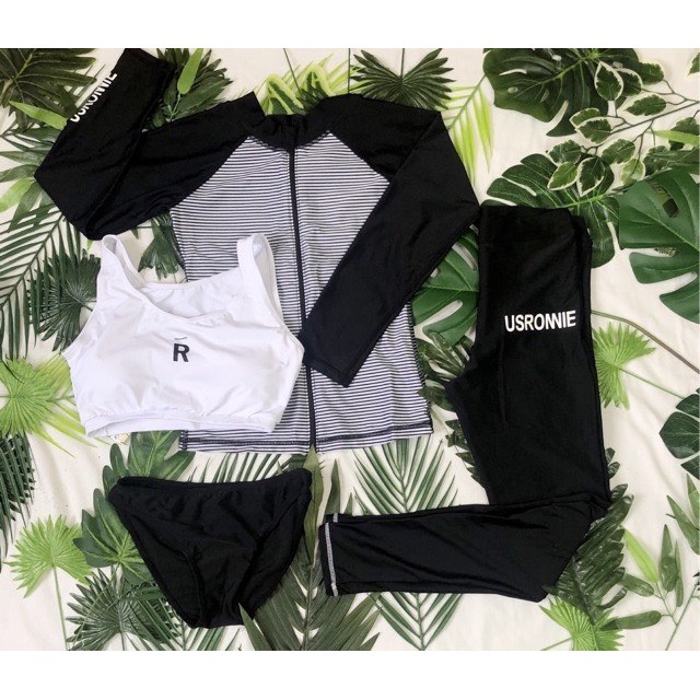 Đồ bơi dài tay nữ đen quần dài cạp cao áo khoác sọc ngang chống nắng | BigBuy360 - bigbuy360.vn