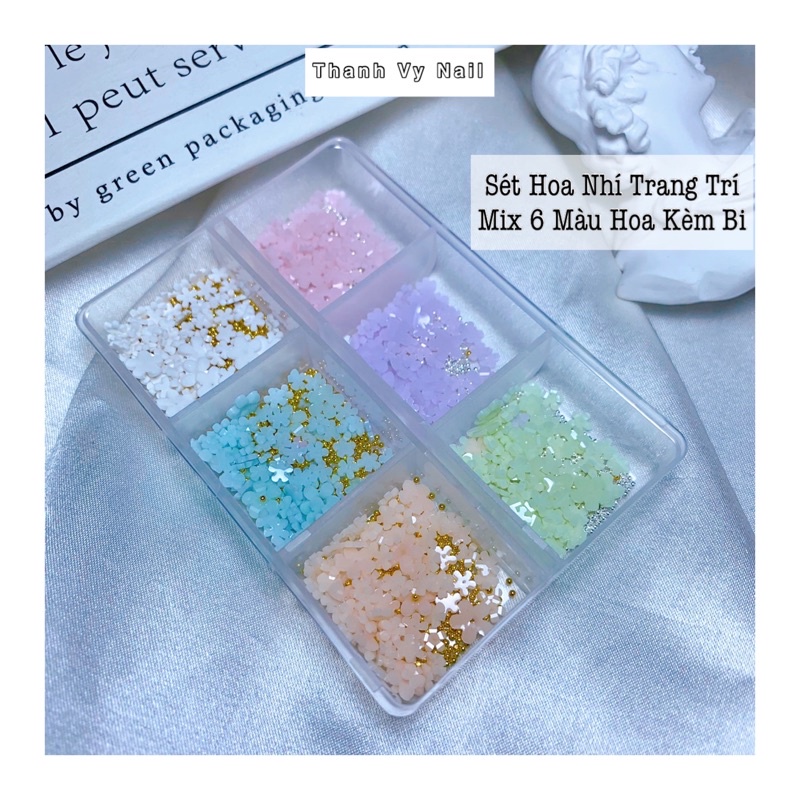 Hoa Nhí Trang trí, Sét Hoa Nhí Nhựa Mix Hộp 6 Màu Kèm Bi, Phụ Kiện Nail [Thanh Vy Nail]