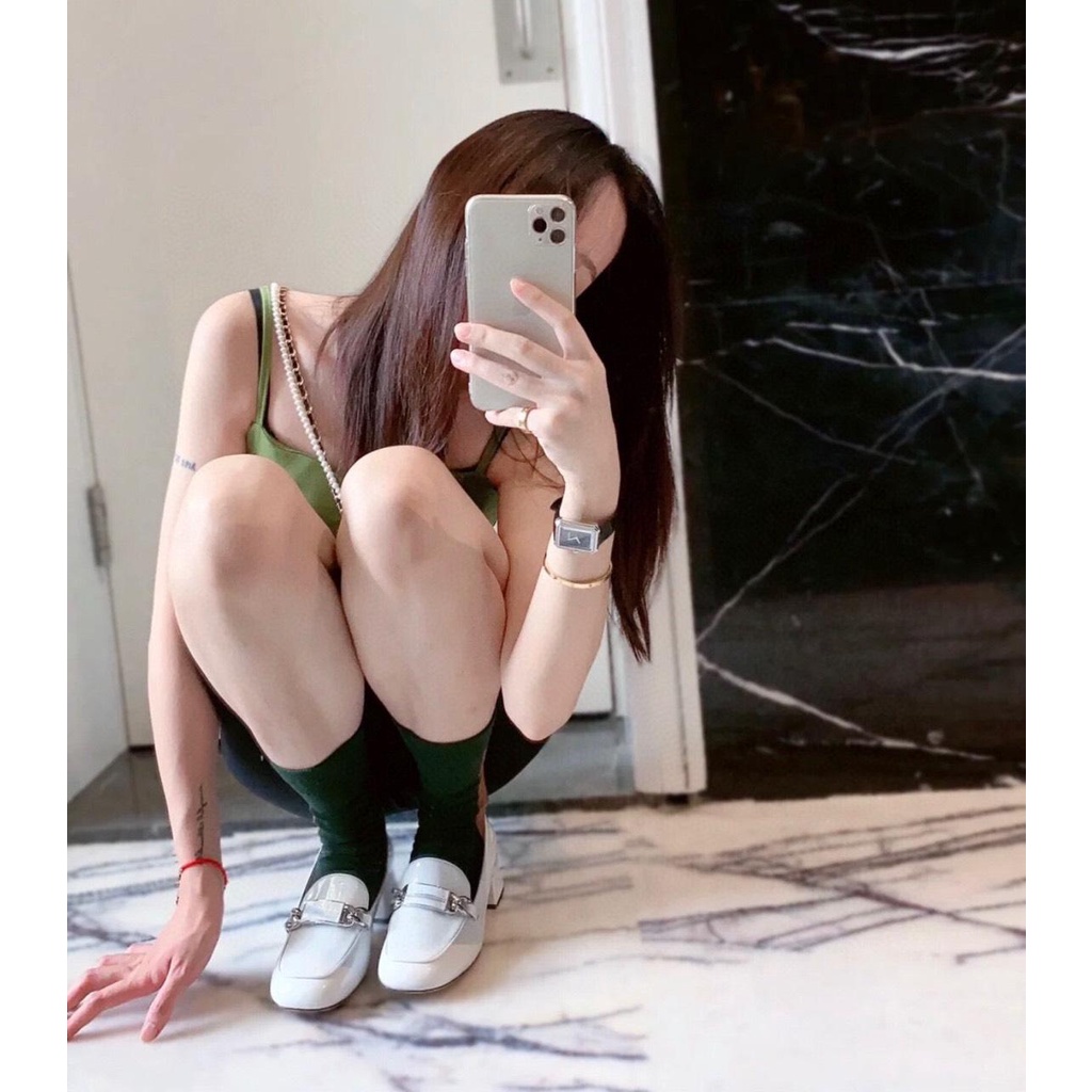 Giày búp bê nữ mũi vuông miu miu gót vuông cao 5p, giày cao gót nữ bít mũi tag khóa xích phối chữ da bóng sang chảnh [77