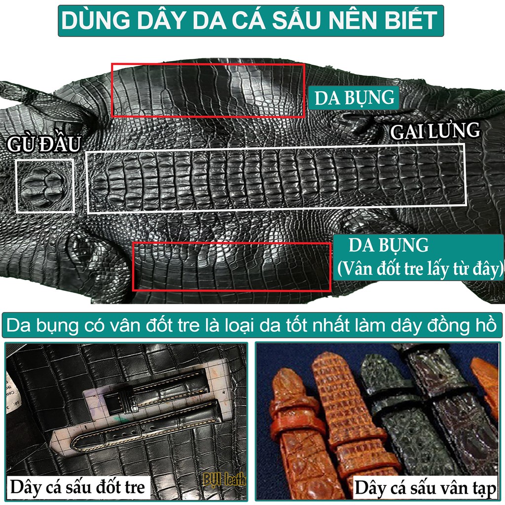 Dây đồng hồ da cá sấu đốt tre-khâu tay thủ công D103 size 18mm, 20mm, 22mm, 24mm-Bụi leather