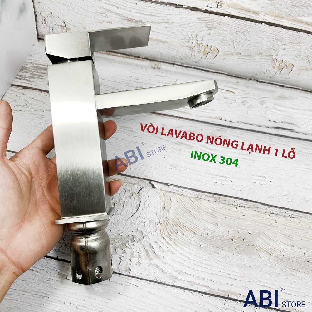 Vòi lavabo nóng lạnh inox 304 vuông kèm đôi dây cấp nước hàng đẹp (vòi chậu rửa mặt 1 lỗ)
