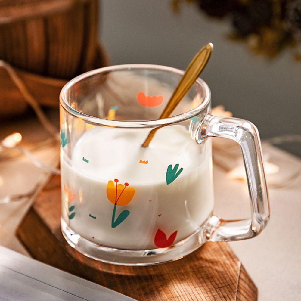 Cốc Trong Suốt Chịu Nhiệt In Họa Tiết Hoa Dễ Thương Có Tay Cầm Hiệu Kat1 350ml