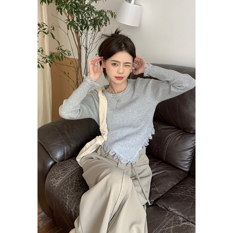 Áo ZHELIHANGFEI dệt kim tay dài dáng ngắn phối tua rua thiết kế lệch tà cá tính cho nữ