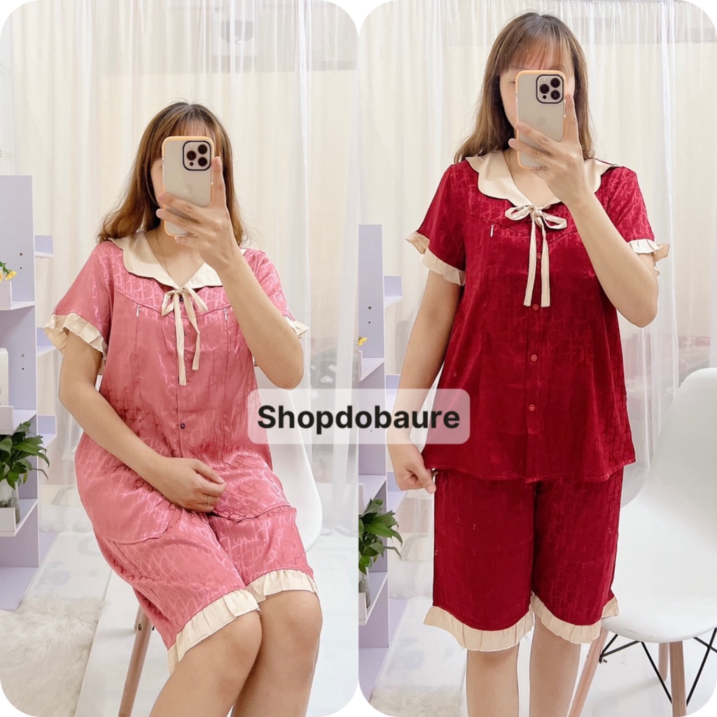 Bộ lụa gấm bầu và sau sinh áo cộc quần lửng MÙA HÈ sang xịn mịn có Nơ cổ - (BL10)